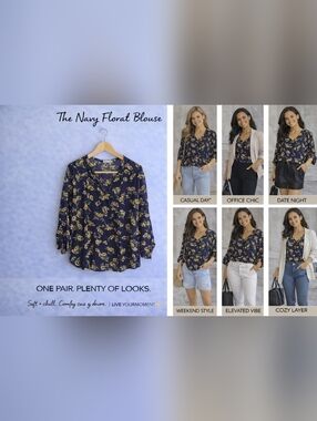 Classy Work To Brunch Moment- Navy & Yellow Floral Print V‑Neck Blouse